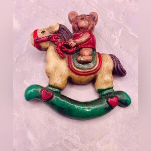 Vintage Colorful Resin Rocking Horse and Bear Brooch